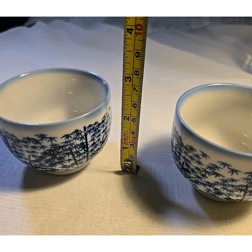 Vintage~ Japanese Yunomi Teacups. Set Of 2~Blue Sometsuke Bamboo Design ~MCM GUC